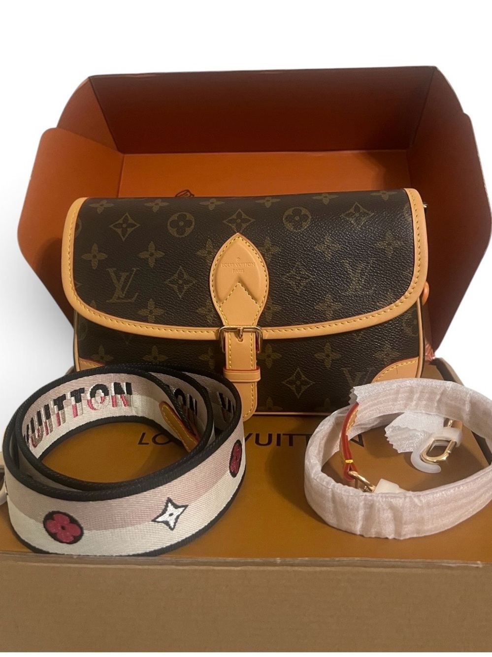 Brown Monogram Canvas Shoulder Bag with Decorative Strap
